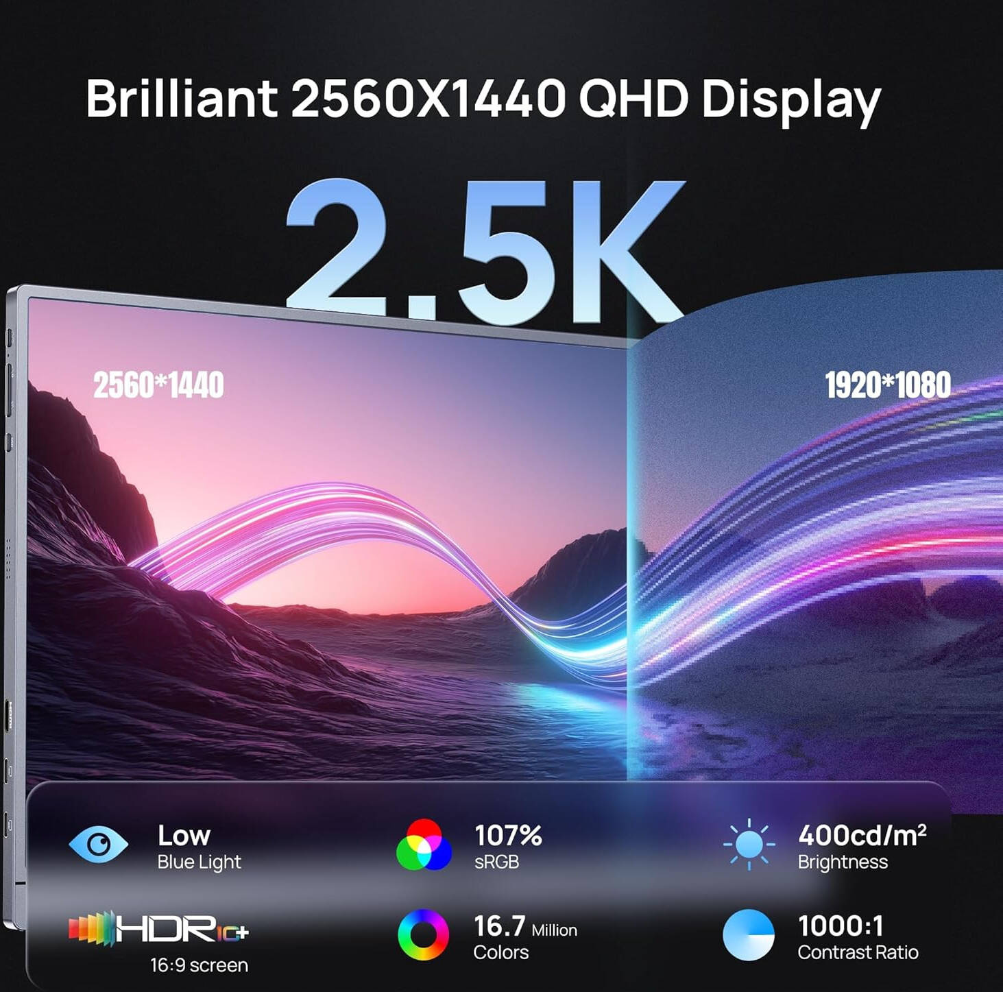 ARZOPA Z3FC 16.1-Inch Portable Gaming Monitor, QHD 2.5K IPS Display, 180Hz Refresh Rate, USB-C & Mini HDMI, Built-in Speakers, Kickstand, Gray