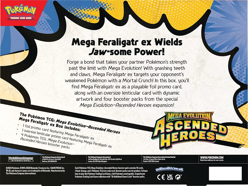 Pokémon TCG: Mega Evolution—Ascended Heroes Mega Feraligatr ex Box, Foil Promo Card, Oversize Lenticular Card & 4 Booster Packs, Official Pokémon Trading Card Game Collection
