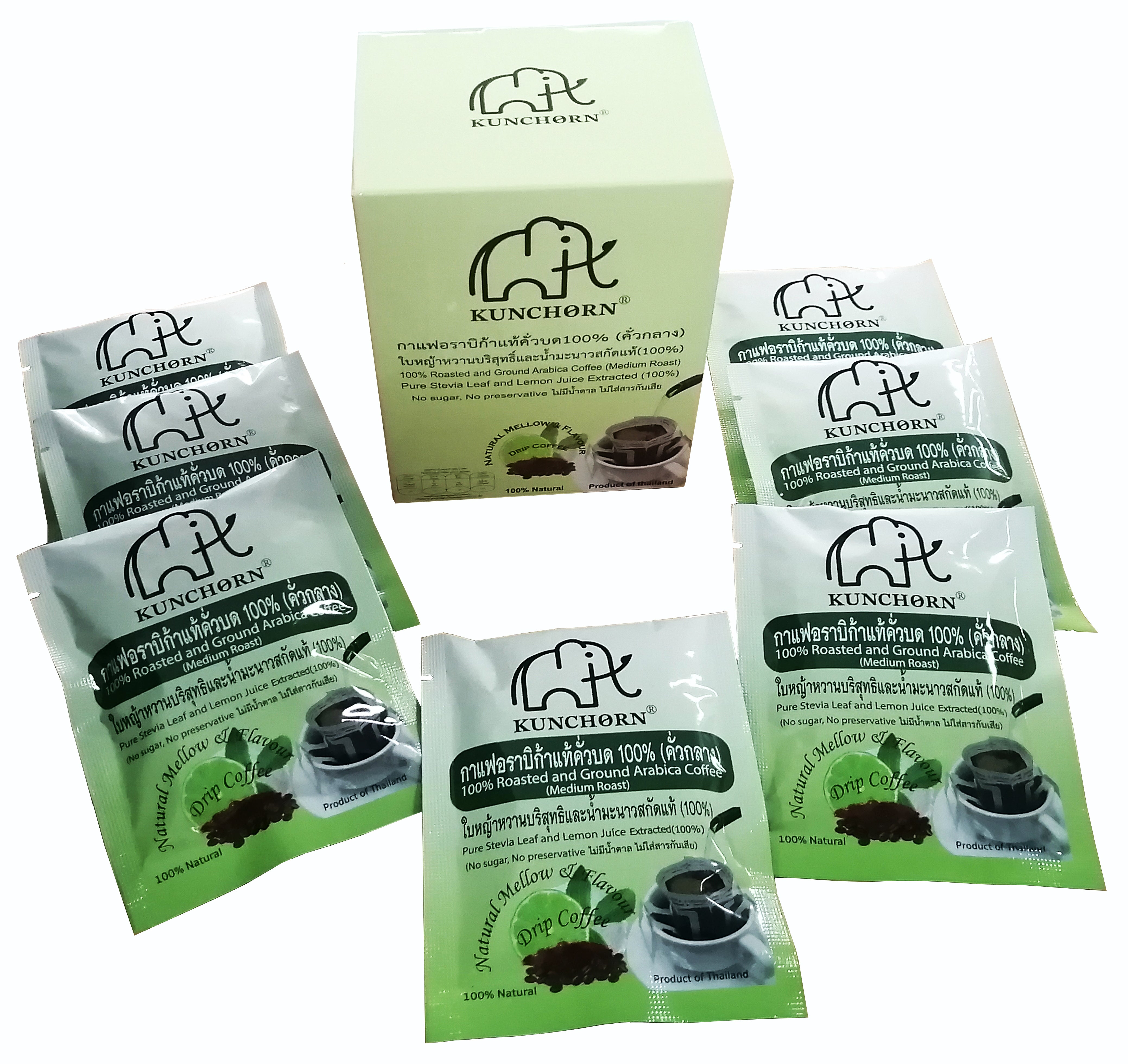 100% Roasted and Ground Arabica Coffee(Medium Roast),Pure Stevia Leaf and Lemon Juice Extracted(100%), No sugar, No preservative - 24 boxesBeveragesKunchorn Coffee produced according to Wash Process, meticul packed roasted and ground coffee, pure steavia