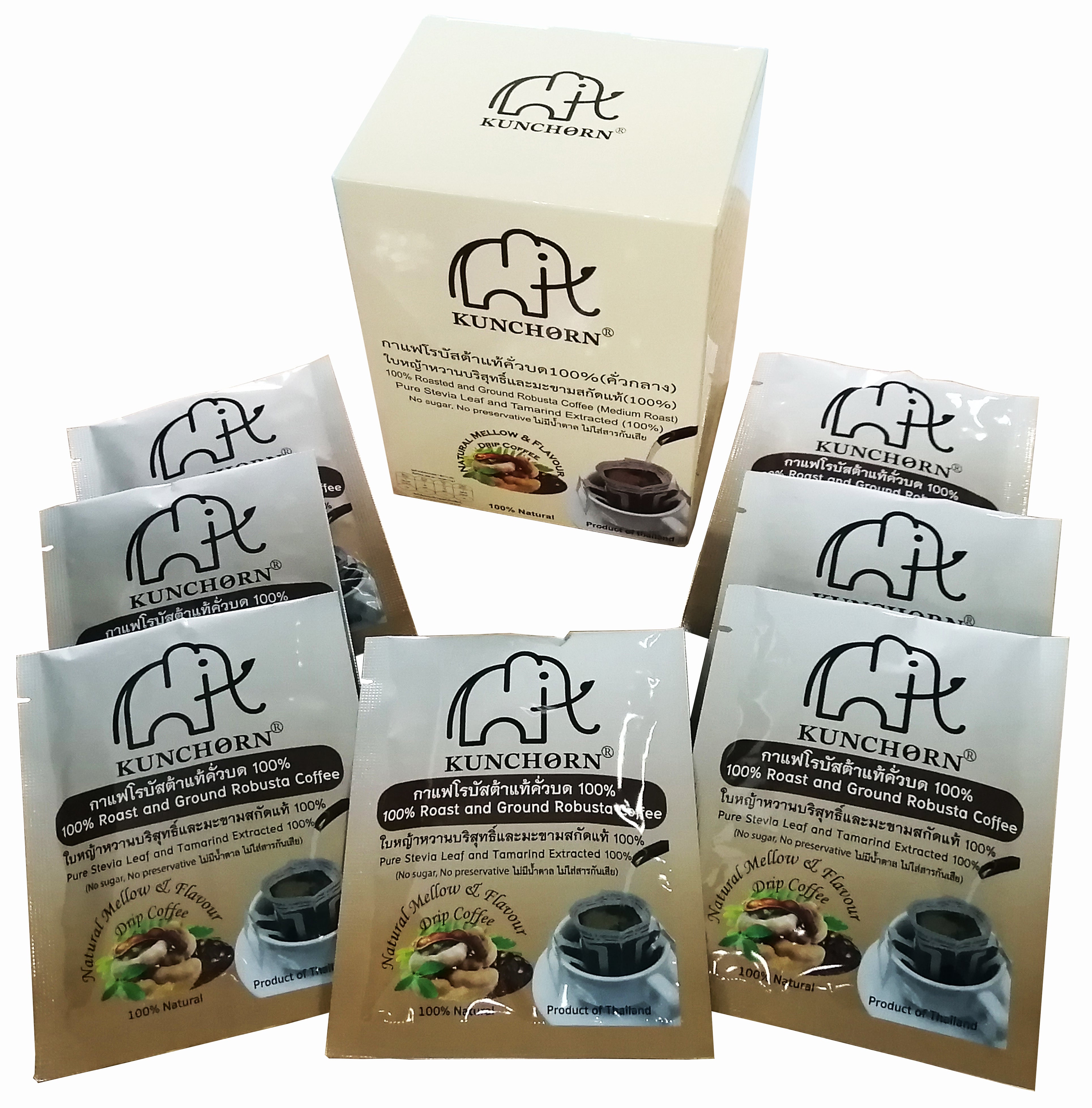 100% Roasted and Ground Robusta Coffee (Medium Roast) Pure Stevia Leaf and Tamarind Extracted(100%) No sugar, No preservative - 24 boxesBeveragesKunchorn Coffee produced according to Wash Process, meticul packed roasted and ground Robusta coffee, purestea