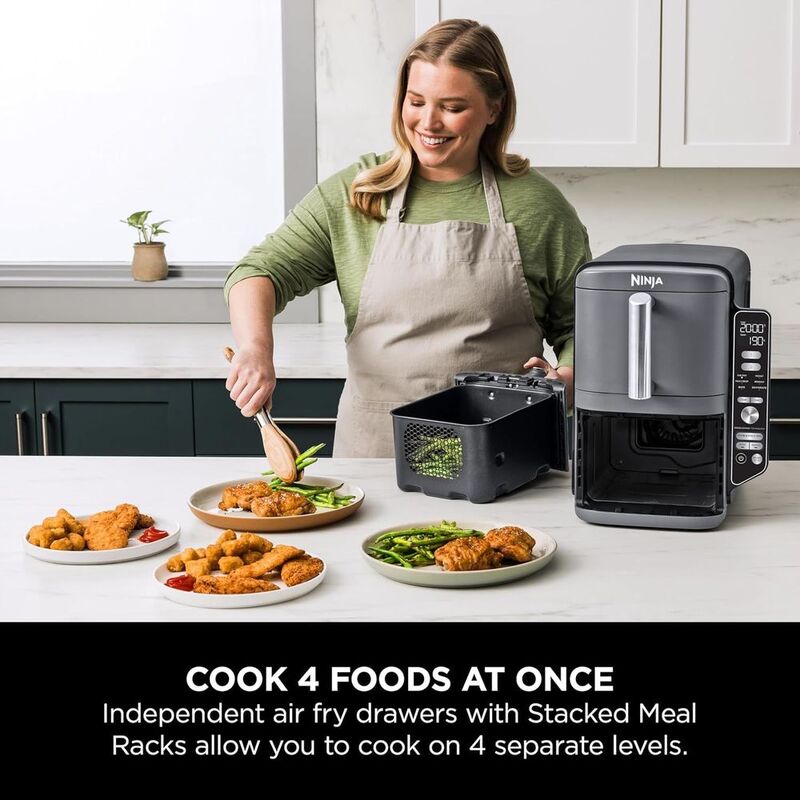 Ninja Double Stack XL Air Fryer SL400ME Vertical Dual Drawer Air Fryer 9.5L Capacity 2470W - GreyKitchen AppliancesWish you could fit a double air fryer in your kitchen, but running low on worktop space? Introducing the Ninja Double Stack XL 2-Drawer Air