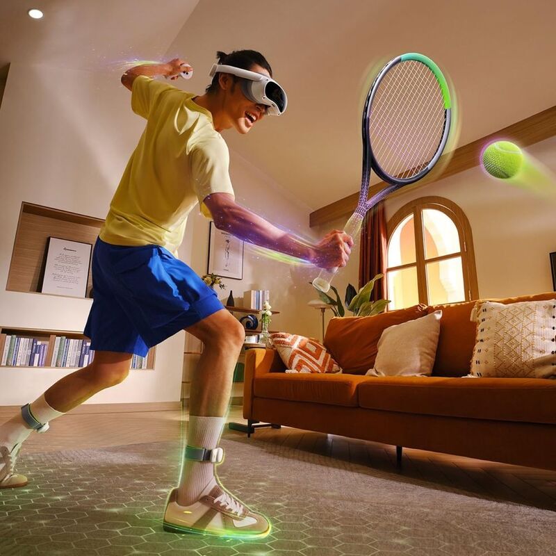 Pico VR motion trackers worn on legs for full body tracking