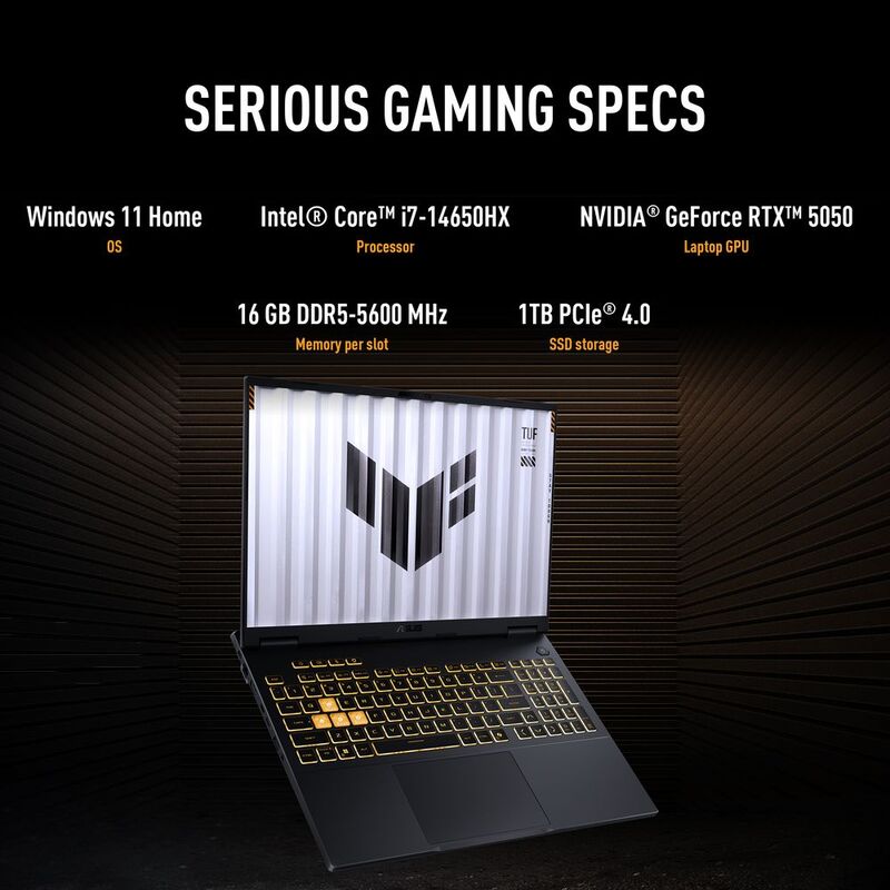 ASUS TUF Gaming F16 (2025) – i7-14650HX, RTX 5050 8GB 115W, 16GB, 1TB, 165Hz FHD+, MIL-STD, Jaeger Gray