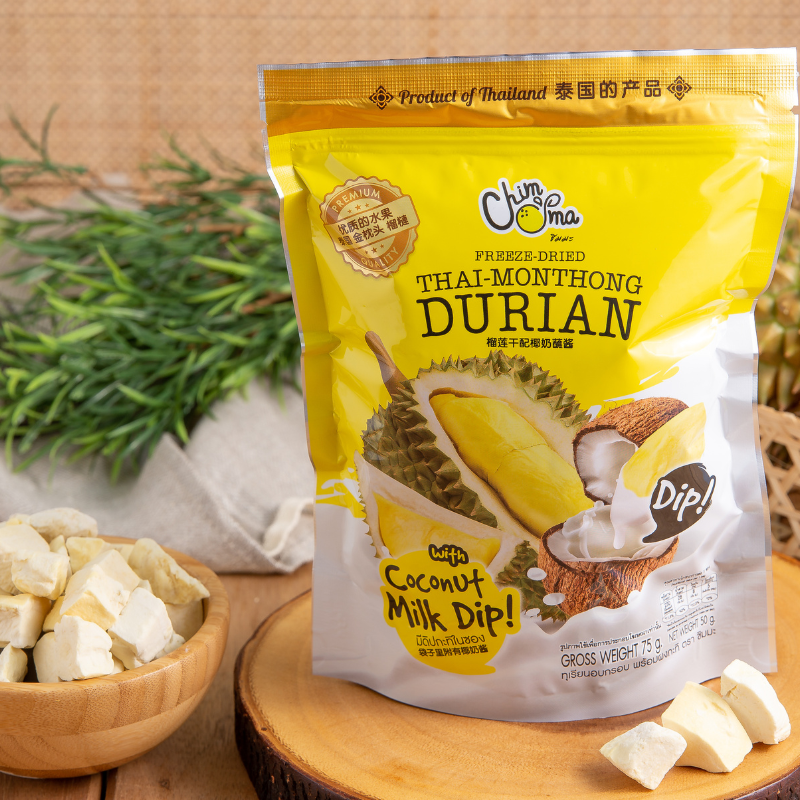 CHIMMA Freeze Dried Durian with Coconut Milk Dip 50GSnacksFor true durian lovers! Enjoy 100% premium Thai durian, freeze-dried to maintain its natural sweetness and creamy texture in a crispy, melt-in-your-mouth form. The bold durian flavor is perfectly c