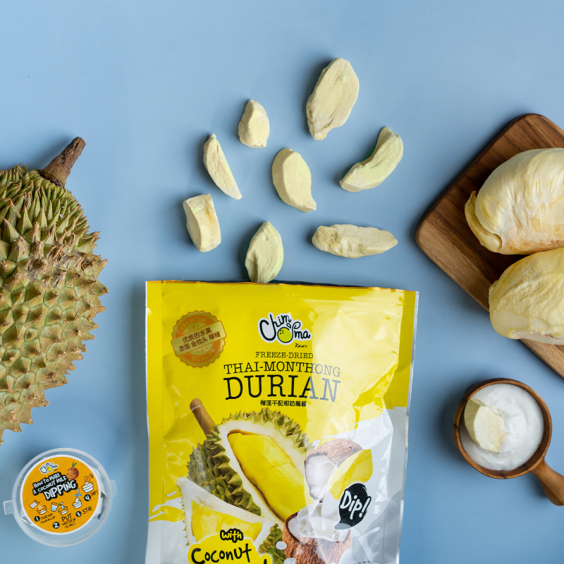 CHIMMA Freeze Dried Durian with Coconut Milk Dip 50GSnacksFor true durian lovers! Enjoy 100% premium Thai durian, freeze-dried to maintain its natural sweetness and creamy texture in a crispy, melt-in-your-mouth form. The bold durian flavor is perfectly c