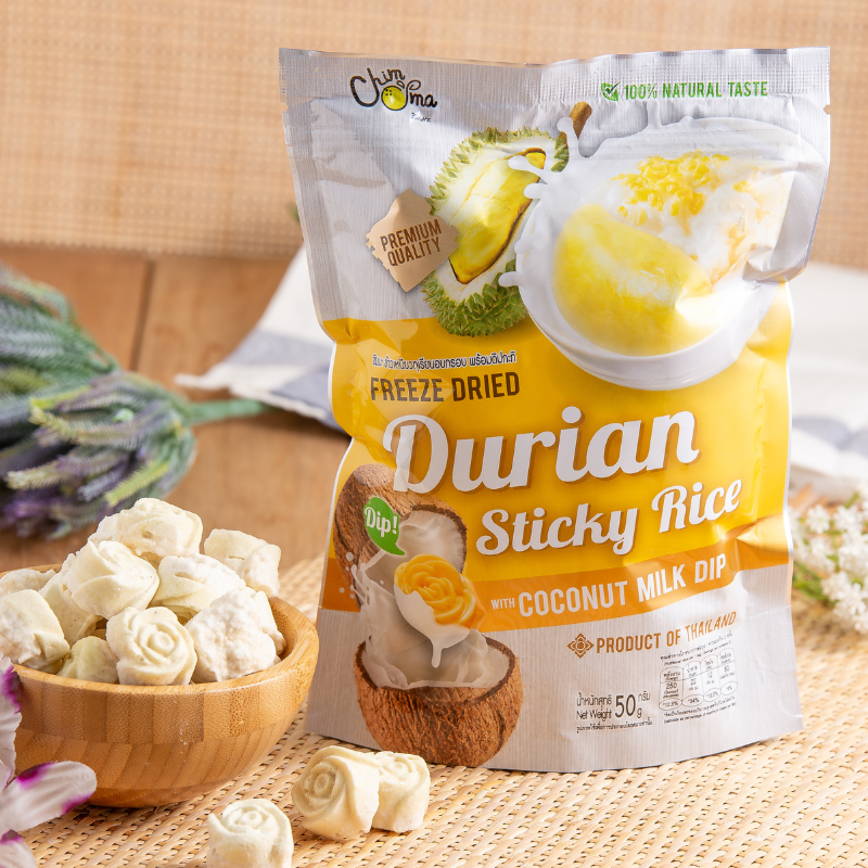CHIMMA Freeze Dried Durian Sticky Rice with Coconut Milk Dip 50GSnacksAn exotic twist on Thai sticky rice desserts! Enjoy the combination of freeze-dried durian and crispy sweet sticky rice, delivering a crunchy yet creamy texture. Paired with the rich co