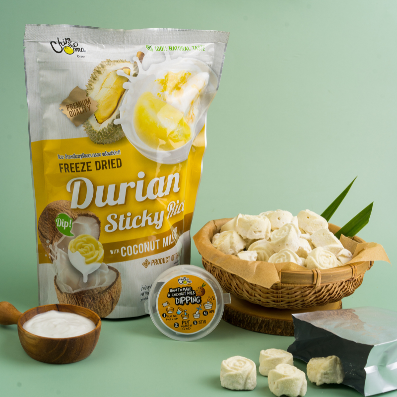 CHIMMA Freeze Dried Durian Sticky Rice with Coconut Milk Dip 50GSnacksAn exotic twist on Thai sticky rice desserts! Enjoy the combination of freeze-dried durian and crispy sweet sticky rice, delivering a crunchy yet creamy texture. Paired with the rich co