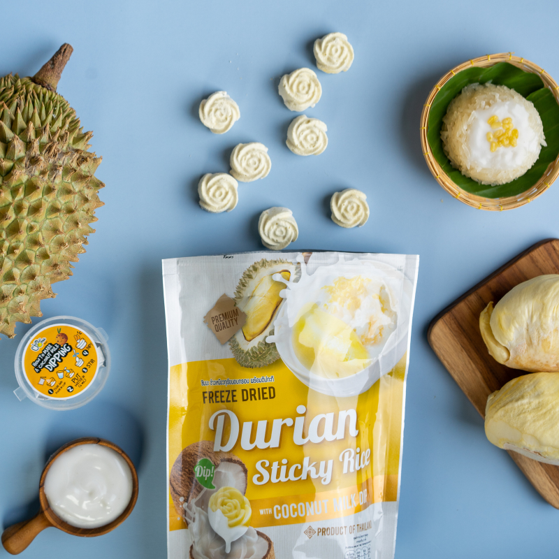 CHIMMA Freeze Dried Durian Sticky Rice with Coconut Milk Dip 50GSnacksAn exotic twist on Thai sticky rice desserts! Enjoy the combination of freeze-dried durian and crispy sweet sticky rice, delivering a crunchy yet creamy texture. Paired with the rich co