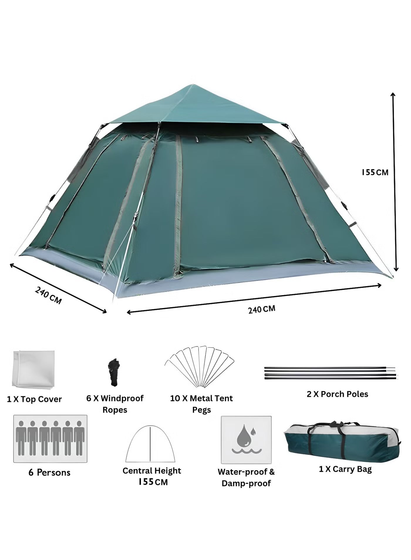 Cyber 6-Person Automatic Pop-Up Camping Tent – Waterproof Portable Tent with 2 Doors, Mesh Windows & Carry Bag