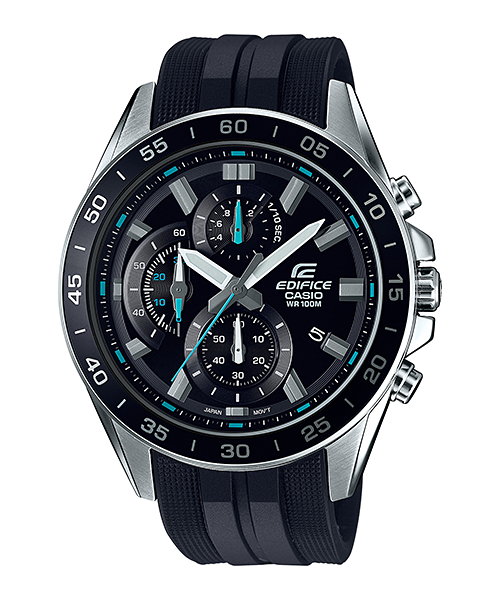 Casio Edifice Men's Quartz Watch Black / Turquoise, EFV-550P-1AVUDFJewelleryCase size (L× W× H): 53 × 47 × 12.1 mm Weight: 96 g Case and bezel material: Case / bezel material: Stainless steel Band: Resin Band Water resistance: 100-meter water resistance G