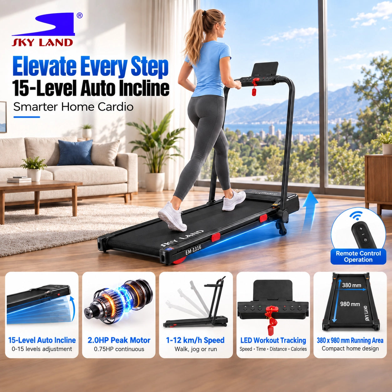 SKY LAND Walking Pad Treadmill EM-1316 | 15-Level Auto Incline Walking & Running Machine