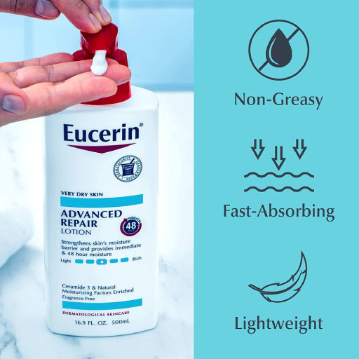 Eucerin Advanced Repair Lotion White 500mlPersonal CareEucerin Advanced Repair Lotion White 500ml – Deep Moisture for Dry, Rough Skin Relieve and restore your skin with Eucerin Advanced Repair Lotion, designed to deliver long-lasting hydration for very dr