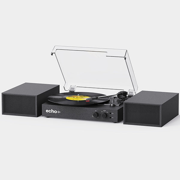 Echo Audio Bluetooth Turntable Player with External Speakers ( Frankie) BlackOutput power: 12W*2 Speaker size: 3 x2+1.5 x2 Bluetooth AUX in RCA audio out Earphone jack PC recording Auto-stop on/off switch 3-speed: 33,45 and 78 RPM records DC power: DC 5V1