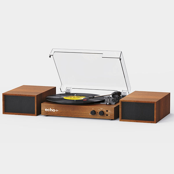 Echo Audio Bluetooth Turntable Player with External Speakers ( Frankie) WalnutOutput power: 12W*2 Speaker size: 3 x2+1.5 x2 Bluetooth AUX in RCA audio out Earphone jack PC recording Auto-stop on/off switch 3-speed: 33,45 and 78 RPM records DC power: DC 5V