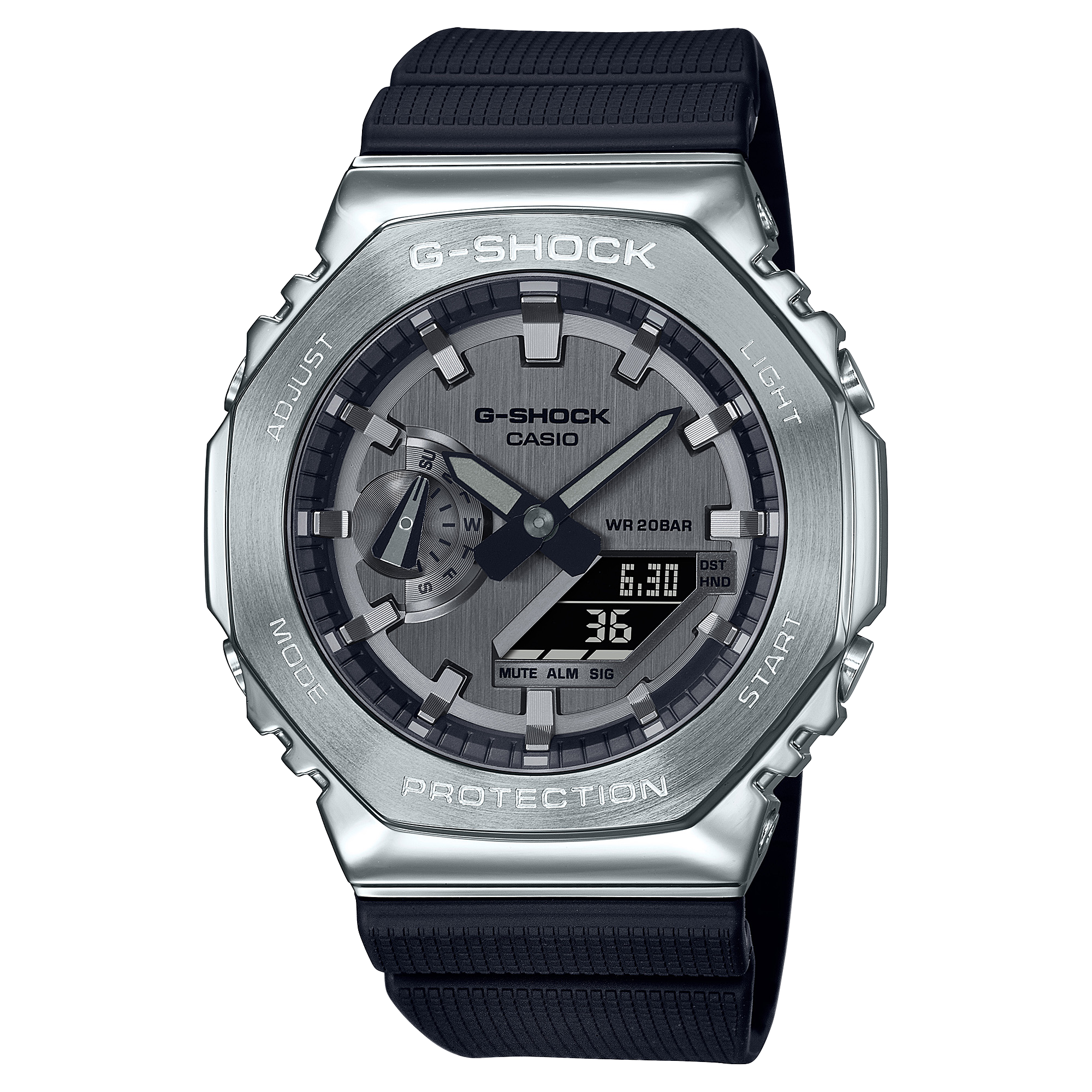 Casio G-Shock Analog-Digital World Time Watch GM-2100-1ADRJewelleryCase size (L× W× H): 49.3 × 44.4 × 11.8 mm Weight: 72 g Case / bezel material: Resin / Stainless steel Band: Resin Band Construction: Shock Resistant Water resistance: 200-meter water resi