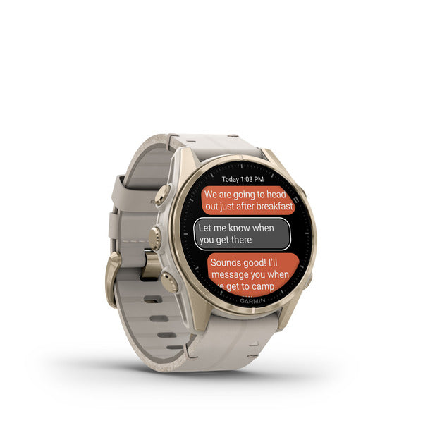 Garmin Fenix 8 43mm AMOLED Sapphire Soft Gold Stainless Steel Smartwatch – Fog Gray Leather & Silicone Bands for UAE