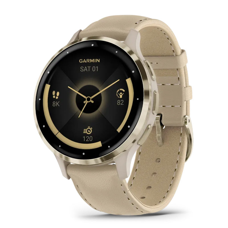 Garmin Venu 3S Fitness Smartwatch – Soft Gold Stainless Steel Bezel with French Gray Case and Leather Band for UAE