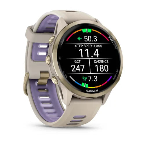 Garmin Forerunner 970 Soft Gold Titanium Smartwatch – French Gray Case with French Gray/Translucent Indigo Band for UAE