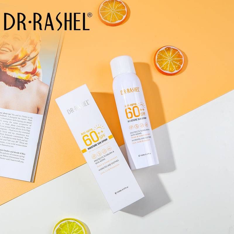 DR. RASHEL Anti-Aging And Moisture Sun Spray SPF 60 Clear 150mlPersonal Care🌞 Broad Spectrum SPF 60++ Protection: Shields skin from harmful UVA and UVB rays, preventing sunburn and premature aging. 💧 Moisturizing Formula: Infused with hydrating ingredie