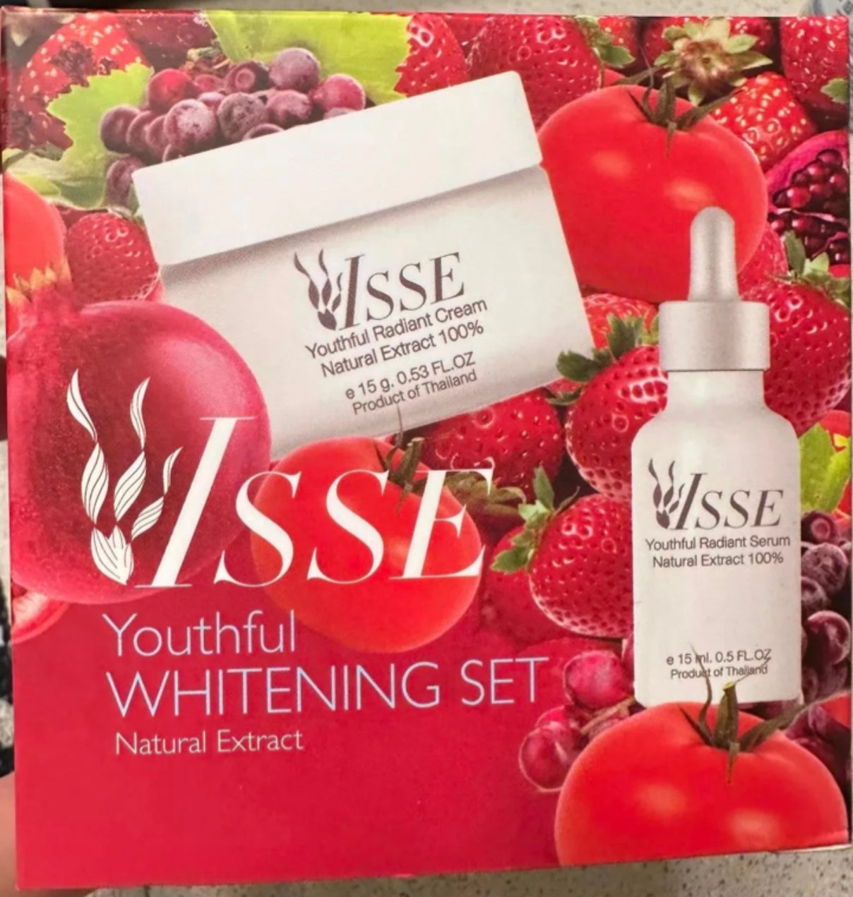 ISSE YOUTHFUL WHITENING SET – (Day Serum 15 ml. X Night Cream 15 g.)Personal CareAbsolute Beauty by The excellent innovation combined with Medical & Natural Extracts to remove melasma and skin radiant. Highlights: ** Medical Organic with 5 kind of red fru