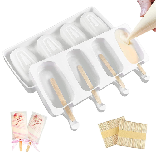 DELFINO Ice Lolly Moulds, BPA Free Silicone Popsicles Moulds of 2 Packs, Ice Cream Ice Cube Tray Popsicle Reusable Food Grade Silicone DIY Moulds Oval with 50 Pieces Natural Wood Craft Sticks (White)Kitchen GadgetsElevate your summer treats with the DELFI