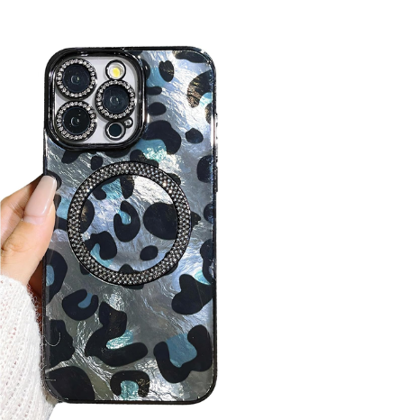 iPhone Glitter Diamond Magnetic Case – Leopard Print, MagSafe, Shockproof | Black
