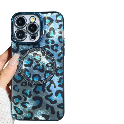 iPhone Glitter Diamond Magnetic Case – Leopard Print, MagSafe, Shockproof | Blue