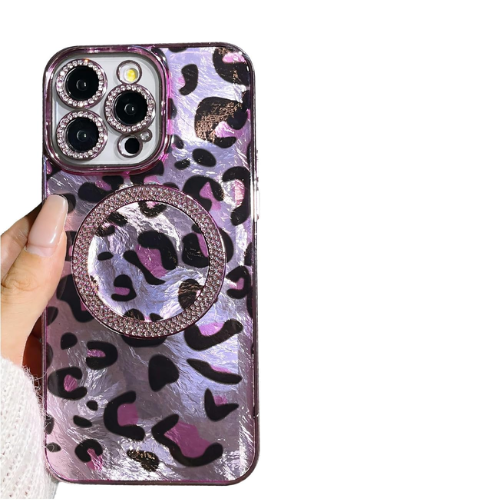 iPhone Glitter Diamond Magnetic Case – Leopard Print, MagSafe, Shockproof | Pink