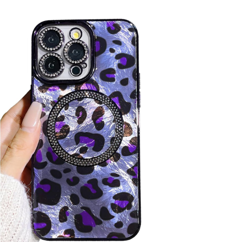 iPhone Glitter Diamond Magnetic Case – Leopard Print, MagSafe, Shockproof | Purple