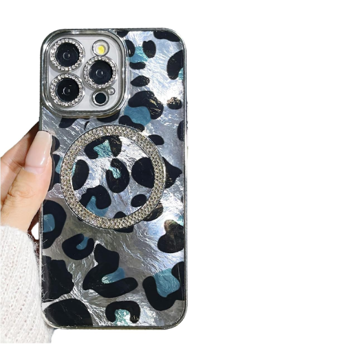iPhone Glitter Diamond Magnetic Case – Leopard Print, MagSafe, Shockproof | Silver