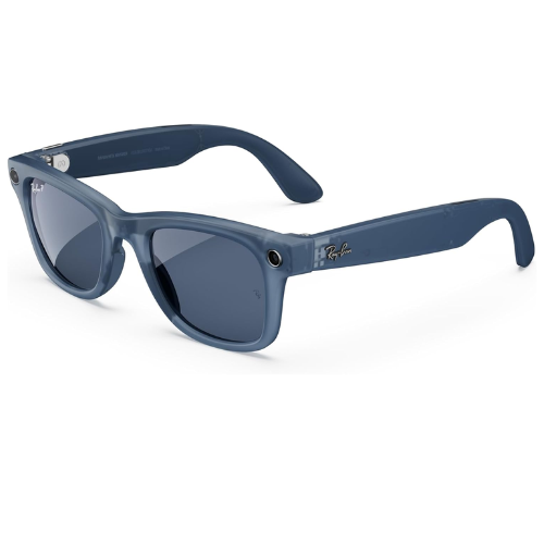 Ray-Ban Meta Wayfarer Smart Glasses – Matte Jeans Transparent Frame with Polarized Dusty Blue Lenses, Model RW4006WearablesSmart Functionality: Stay connected with built-in camera, open-ear audio, and voice control powered by Meta technology. Stylish Desi