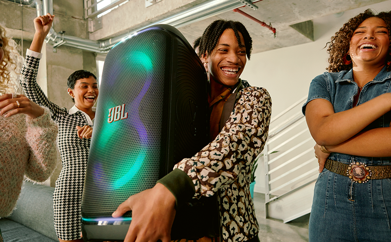 JBL PartyBox Stage 320 Portable Bluetooth Party Speaker – 240W Pro Sound, Telescopic Handle & Wheels, 18H Battery, Lightshow, Dual Mic/Guitar Inputs, IPX4 Splash-proof