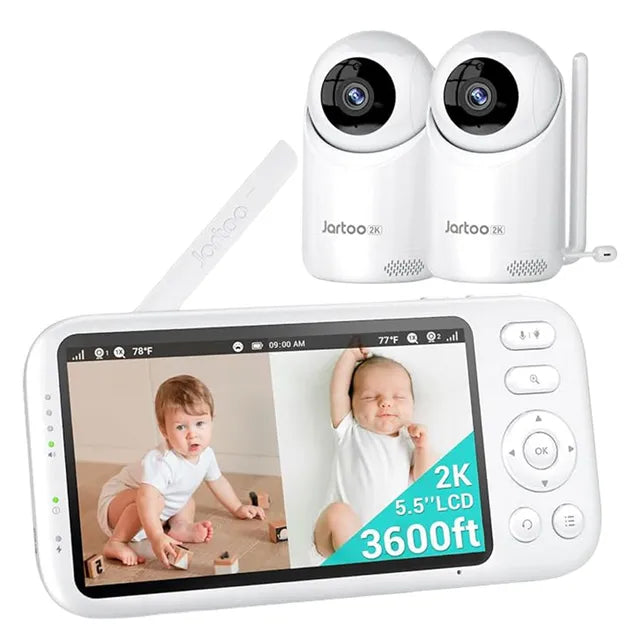 Jartoo Baby Monitor with 2 Cameras – 2K Video, Split-Screen Display, No WiFi, Night Vision, 2-Way Audio, Cry Detection, Long Range