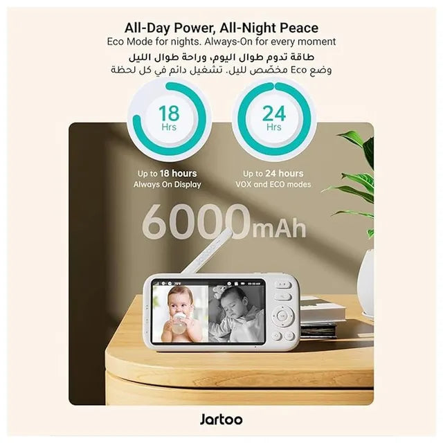 Jartoo Baby Monitor with 2 Cameras – 2K Video, Split-Screen Display, No WiFi, Night Vision, 2-Way Audio, Cry Detection, Long Range