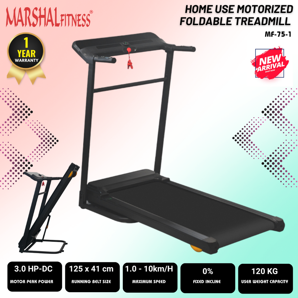 Folded Marshal treadmill for compact home storage