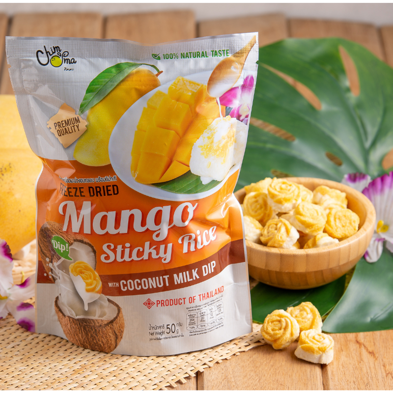 CHIMMA Freeze Dried Mango Sticky Rice with Coconut Milk Dip 50GSnacksInspired by the famous Thai dessert, this snack combines freeze-dried mango and sweet sticky rice crisps, offering a crunchy yet melt-in-your-mouth texture. Dipping into the creamy cocon