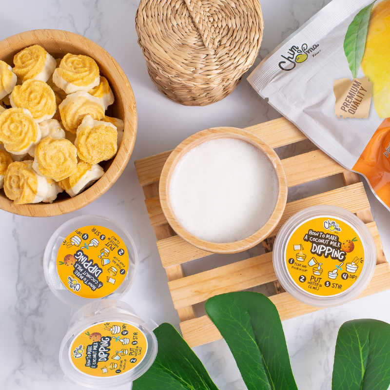 CHIMMA Freeze Dried Mango Sticky Rice with Coconut Milk Dip 50GSnacksInspired by the famous Thai dessert, this snack combines freeze-dried mango and sweet sticky rice crisps, offering a crunchy yet melt-in-your-mouth texture. Dipping into the creamy cocon