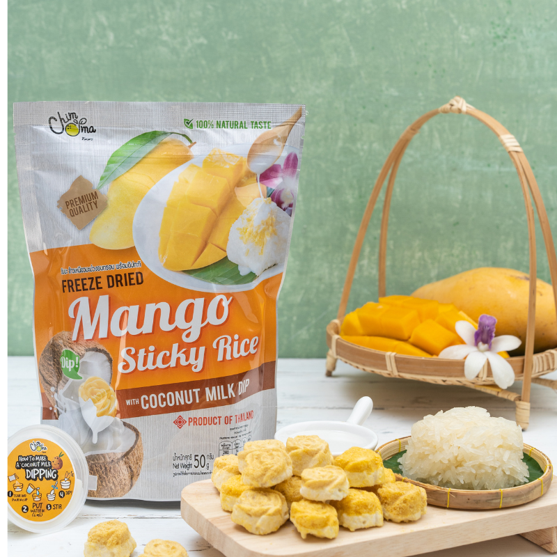CHIMMA Freeze Dried Mango Sticky Rice with Coconut Milk Dip 50GSnacksInspired by the famous Thai dessert, this snack combines freeze-dried mango and sweet sticky rice crisps, offering a crunchy yet melt-in-your-mouth texture. Dipping into the creamy cocon