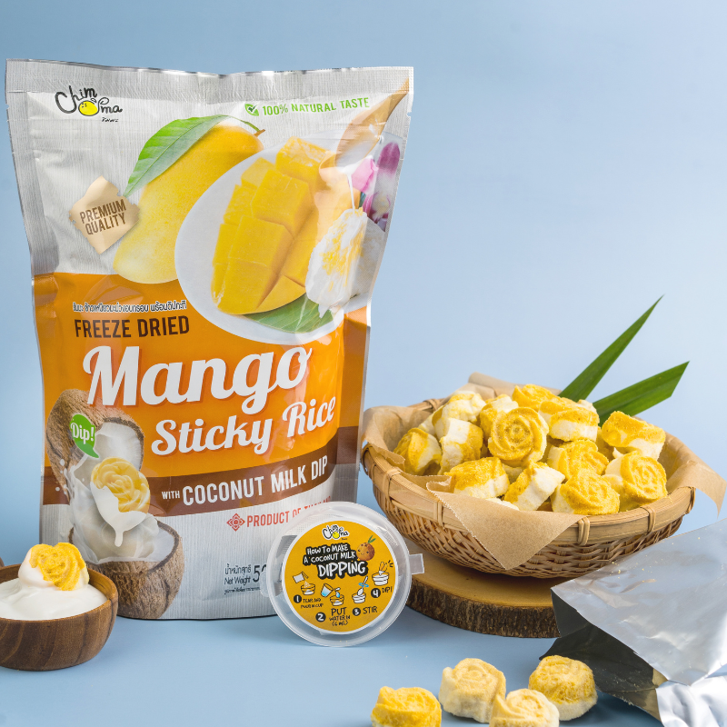 CHIMMA Freeze Dried Mango Sticky Rice with Coconut Milk Dip 50GSnacksInspired by the famous Thai dessert, this snack combines freeze-dried mango and sweet sticky rice crisps, offering a crunchy yet melt-in-your-mouth texture. Dipping into the creamy cocon