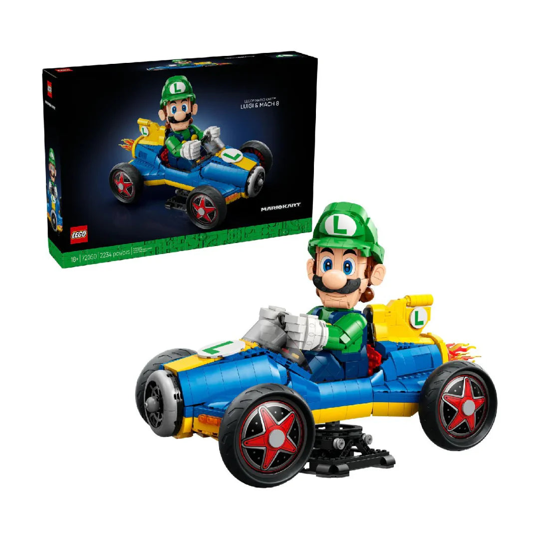LEGO 72050 Mario Kart Luigi & Mach 8 – 2,234pcs, Posable Luigi, Flame Exhaust, Display Stand, 18+