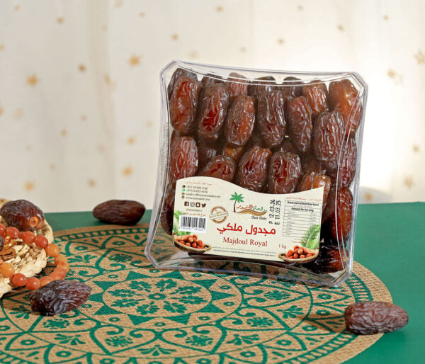 Majdool Royal Oasis (1KG)Nuts, Dates & Dried FruitsMAJDOOL dates are very large, extremely sweet and exceptionally meaty. The glossy brown skin is tender and supple and encases dark amber interior. Slightly chewy and succulent, The Majdool is usually left