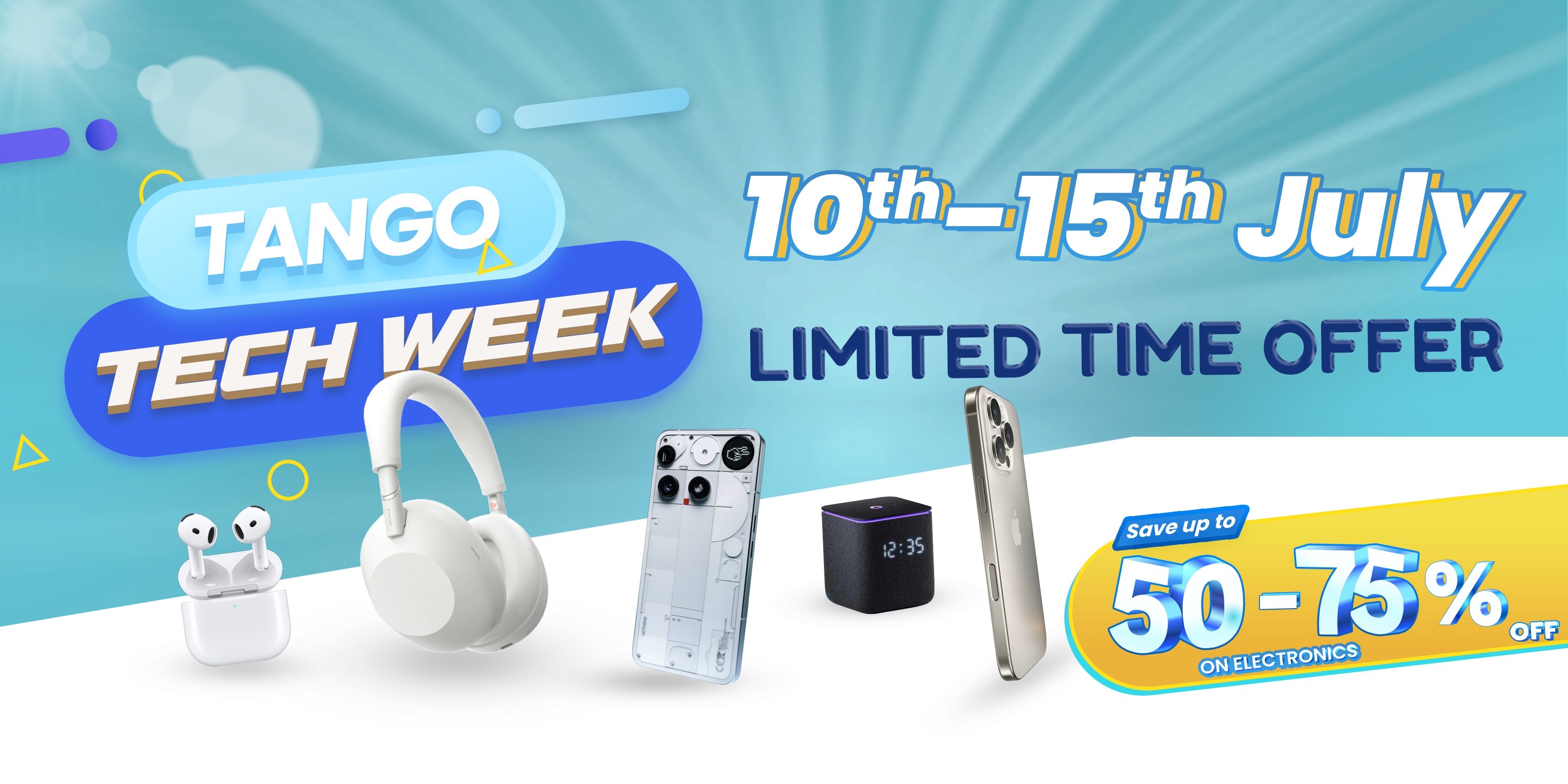 Promotional banner for Tango Tech Week with electronic products and discount information.