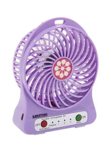Krypton Rechargeable Mini Fan KNF6037Home EnvironmentThe Krypton 5" mini rechargeable fan with LED light provides fast cooling. Simple, modern design 3-speed control levels LED night lights Anti-rust body 3.7V, 1500 mAh lithium battery ensures smooth, qui