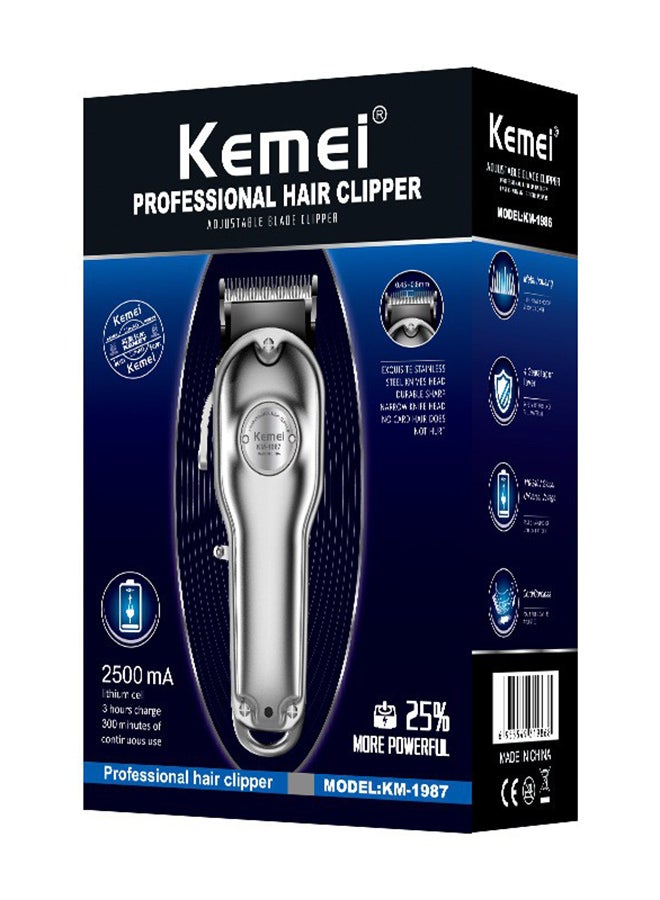 Kemei KM-1987 Electric Shaving Machine for MenMens GroomingHost, adapter, cleaning brush, oil limit comb*4 (3,6,9,12mm) Voltage:3.7v Power :8W Power source:charging Charging time: 3hours Working time: more than 180mins