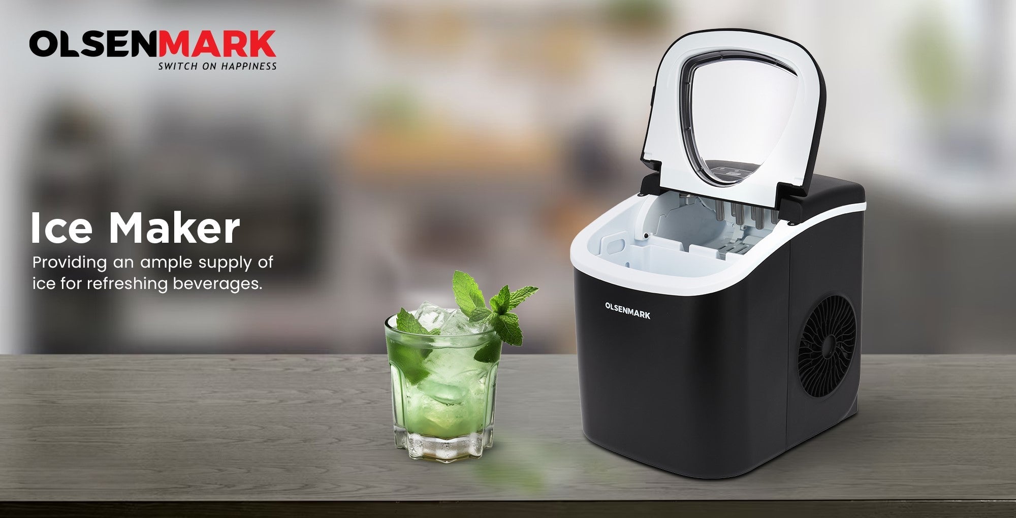 Olsenmark Ice Maker With Plug Drain, High Speed Fan, Bullet Shaped Ices Includes Basket And Scoop, Compact And Wide Use, Perfect For Home, Restaurants, Outdoor Parties, Camps 100 W OMIM2496LR BlackKitchen Appliances❄️ Fast Bullet Ice Production: Quickly c