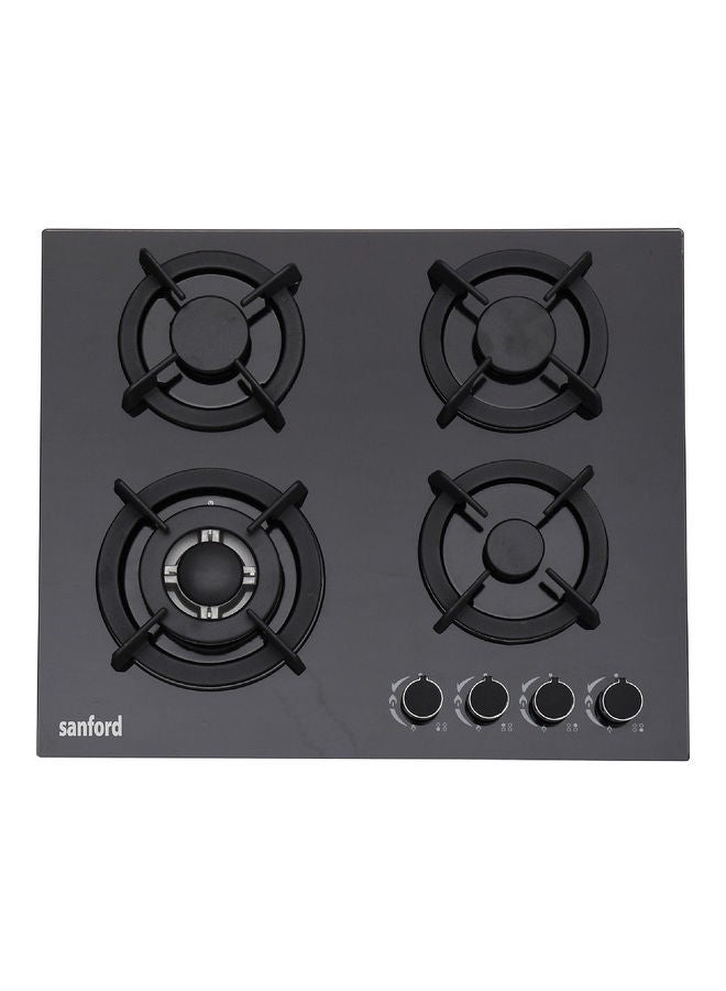 Sanford Glass Gas Hob 4 Burner SF5454GH BS - BlackKitchen Appliances4 Burner Gas Hob. High Temperature Resistant Burner. Low Gas Consumption. High Temperature resistant Tempered Glass. Cast Iron Heavy-Duty Pan Support. Convenient & Easy Cleaning. Blue Fla