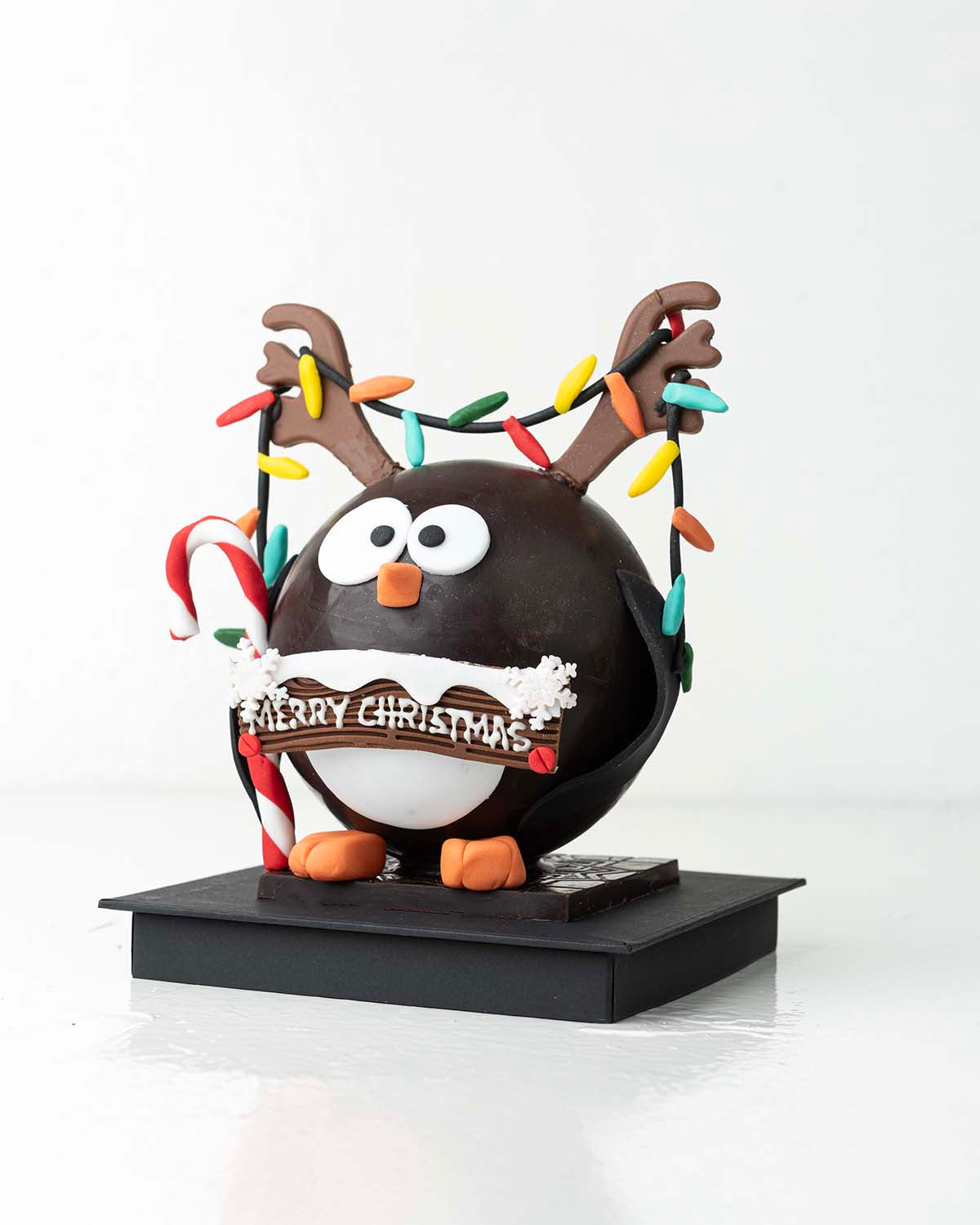 Penguin with RibbonsChocolate & ConfectioneryYour Gift Contains:• 600grams Penguin with Christmas Lights• 10 assorted milk chocolate truffles• Flavors: Pistachio, Hazelnut, Speculoos, Peanut Butter and Roche• Wooden Hammer x 1• Box Size: 16x16x20cmHandlin