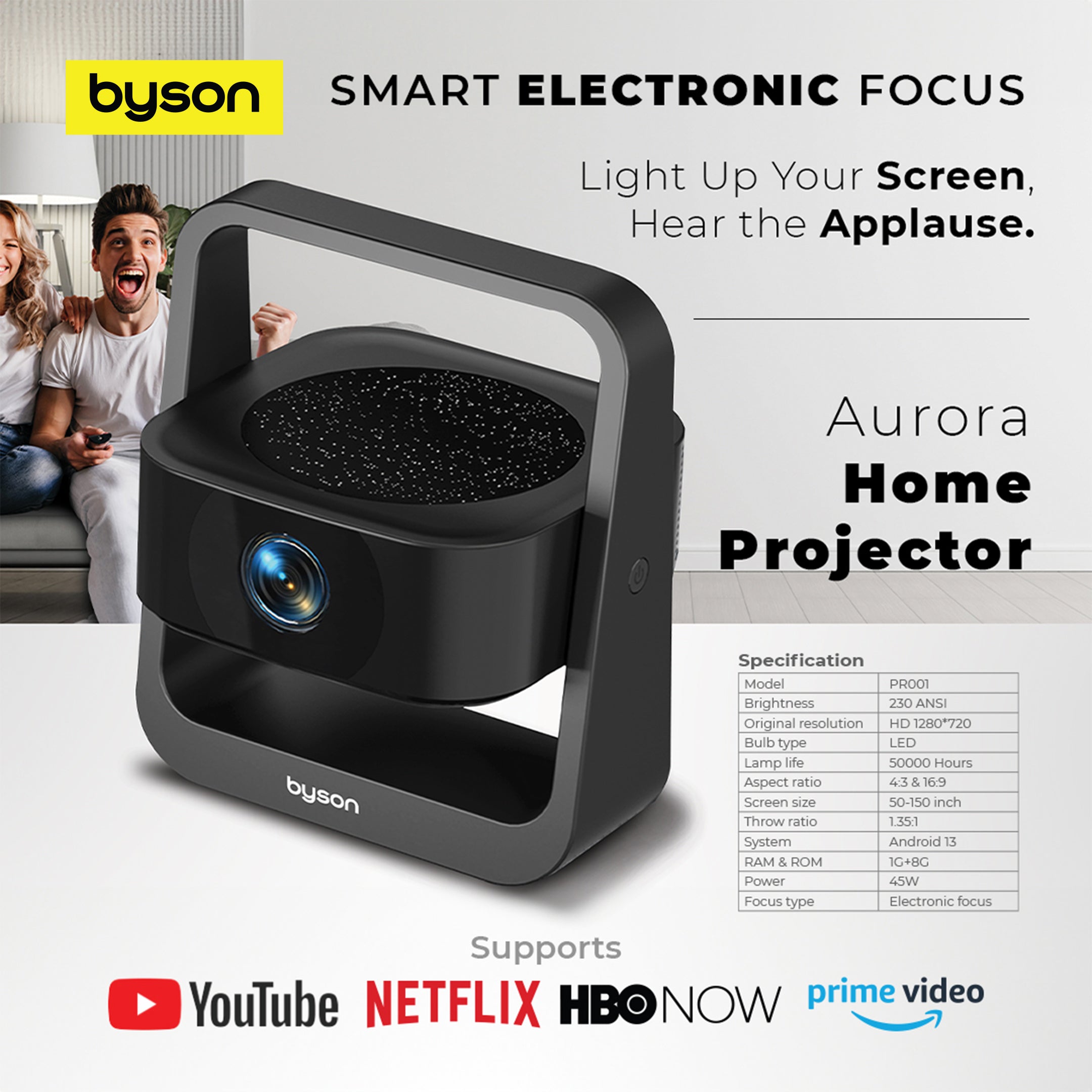 BSON Aurora Smart Home Projector – 4K HDR Mini Projector with 5G WiFi, Android 13, 360° Rotation & 150" Display