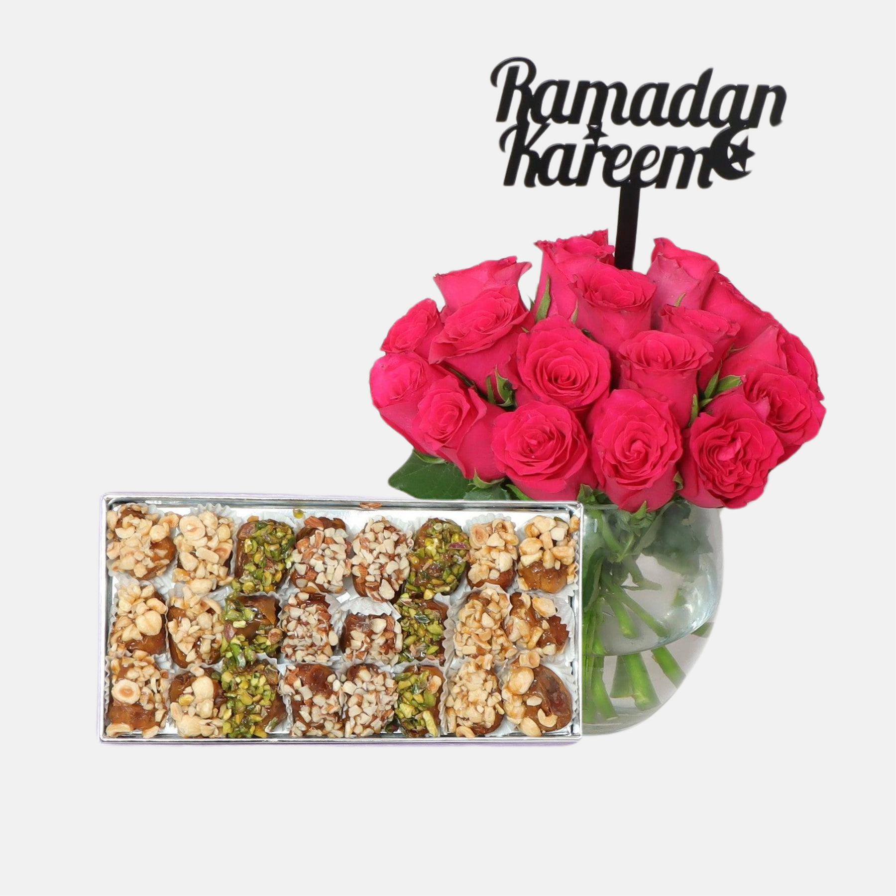 Pink Rose Vase and Nutted Dates 0.5 KgFlowersIntroducing your go-to Ramadan traditional roses and festive nutted dates. Order this fabulous combination and have it delivered to your loved ones' homes to add joy and sweetness to their holly month of Ramada
