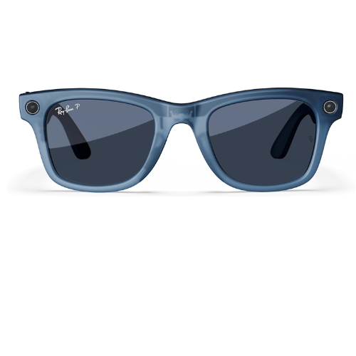 Ray-Ban Meta Wayfarer Smart Glasses – Matte Jeans Transparent Frame with Polarized Dusty Blue Lenses, Model RW4006WearablesSmart Functionality: Stay connected with built-in camera, open-ear audio, and voice control powered by Meta technology. Stylish Desi